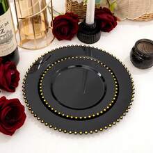 100pcs Plastic Plates With Gold Beads Plates Heavy Duty Party Supplies Includes 10.25inch Dinner Plate And 7.5inch Dessert Disposable Plate For Party,Wedding,Bridal Showers - 黑色 - 查看 9