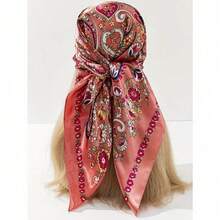1PC Women's Red And White Paisley Printed Bandana Square Towel, 90CM 1 90cm Women's Luxury Scarf, Headscarf Silk Scarf, Fashion Printed Square Scarf, Four Seasons Versatile Casual Polyester Scarf - Hồng - Xem 3
