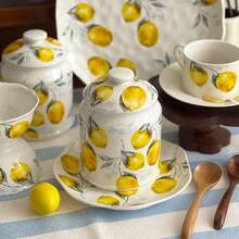 Ensemble de bocaux/bols de rangement en céramique à motif citron, convient pour le pudding, les fruits, les grains de café, les bonbons, les sachets de thé, les céréales. Décoration de cuisine. Applicable pour le thé de l'après-midi/salle à manger/cuisine/hôtel, micro-ondes - Série Citron - Voir 3