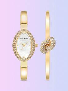 ANNE KLEIN 女士金色椭圆形手表和手链套装，搭配白色珍珠贝母表盘、水晶结链和珍珠刻度，防溅 - 均碼 - 查看 3