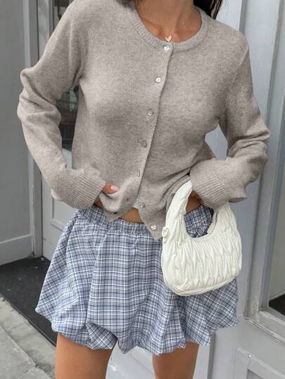 FOR BEAUTY Women's Spring/Autumn/Winter New Solid Color Round Neck Fitted Long Sleeve Knit Cardigan, Women's Daily Commute Casual Sweater, New Year & Valentine's Day