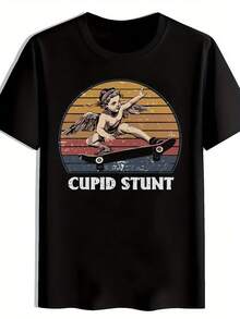 Men's Cupid Stunt Graphic T-Shirt - Retro Skateboarding Angel Design, Black Casual Short Sleeve Tee, Breathable Summer Top For Streetwear & Everyday Outfits, Skateboard Gifts, Retrostyle Shirt, Machine Washable S - 黑色 - 查看 1