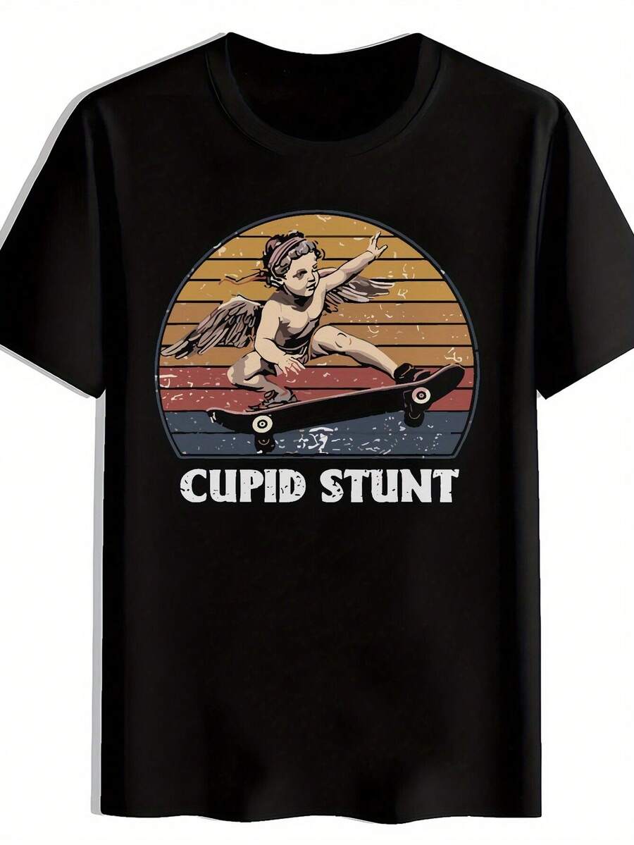 Men's Cupid Stunt Graphic T-Shirt - Retro Skateboarding Angel Design, Black Casual Short Sleeve Tee, Breathable Summer Top For Streetwear & Everyday Outfits, Skateboard Gifts, Retrostyle Shirt, Machine Washable S - 黑色 - 查看 1