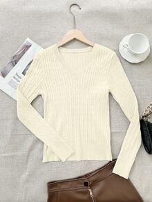 Apperloth A 女式春季休闲薄款柔软 V 领长袖修身剪裁合身短款粗针织毛衣基本款套头衫