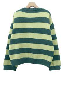 秋季女式条纹宽松套头毛衣，圆领，落肩设计，宽松版型，复古风，韩式休闲，舒适易穿，适合返校季、圣诞节、新年、情人节等场合。 - 綠色 - 查看 5