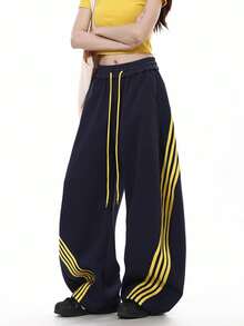 Women's Y2K Baggy Striped Sweatpants, High Waisted Wide Leg Casual Pants, Joggers With Drawstring Waist And Cuffs - màu đen - Xem 7