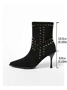 New Women's Brown Suede Rivet Decor Pointed Toe Stiletto Heel Ankle Boots - Black - View 8