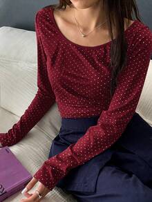 Nora Noon 女士休闲印花长袖针织T恤，适合圣诞节、派对、生日和节假日穿着 - 酒紅色 - 查看 10