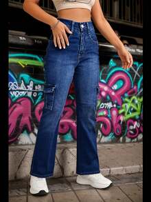 "Pantalón Cargo de Mezclilla Azul para Mujer, Corte Wide Leg Recto, Tiro Alto, Confort y Estilo Urbano Juvenil" - Azul - Ver 4