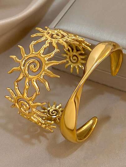 18K Gold Plated Stainless Steel Luxury Vintage Sun Motif Open Bangle Bracelet Set For Women Men Unisex, Mysterious Jewelry Mom Gift Christmas Thanksgiving Halloween Wedding Rave/Prom/Party/Daily Accessories Gift For Anniversary Valentine's Day Boho Jewelry Birthday Bridesmaid Gifts