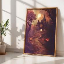 1pc Scary Halloween Canvas Art - Pumpkin And Poster, Gothic Vintage Wall Decor, Retro Yard And Church Tombstone Design, Unframed, Suitable For Home Decor, Room Decor, Bedroom Decor, Living Room Decoration, Bathroom Decor - Halloween Autumn Wall Decor, Optional Wall Art With Frame