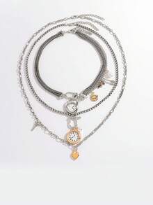 ZAA 手表爱心吊坠多层复古风别针不对称水钻项链，时尚新款欧美简约吊坠项链，女士珠宝，日常及宴会佩戴项链 - 彩色 - 查看 6