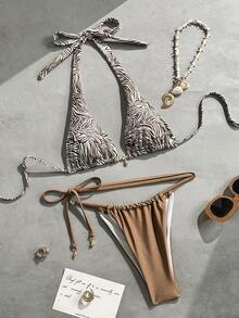 2026 Women's Beach Bikinis Summer Beach Outfit For Women Sexy Two Pieces Bikini Set Stylish Zebra Print Wide-Shoulder Halter Push-Up Top Sexy Drawstring Pure Brown Swim Trunks Beach Vacation Pool Party Sexy Outfit - Multicolor - View 1