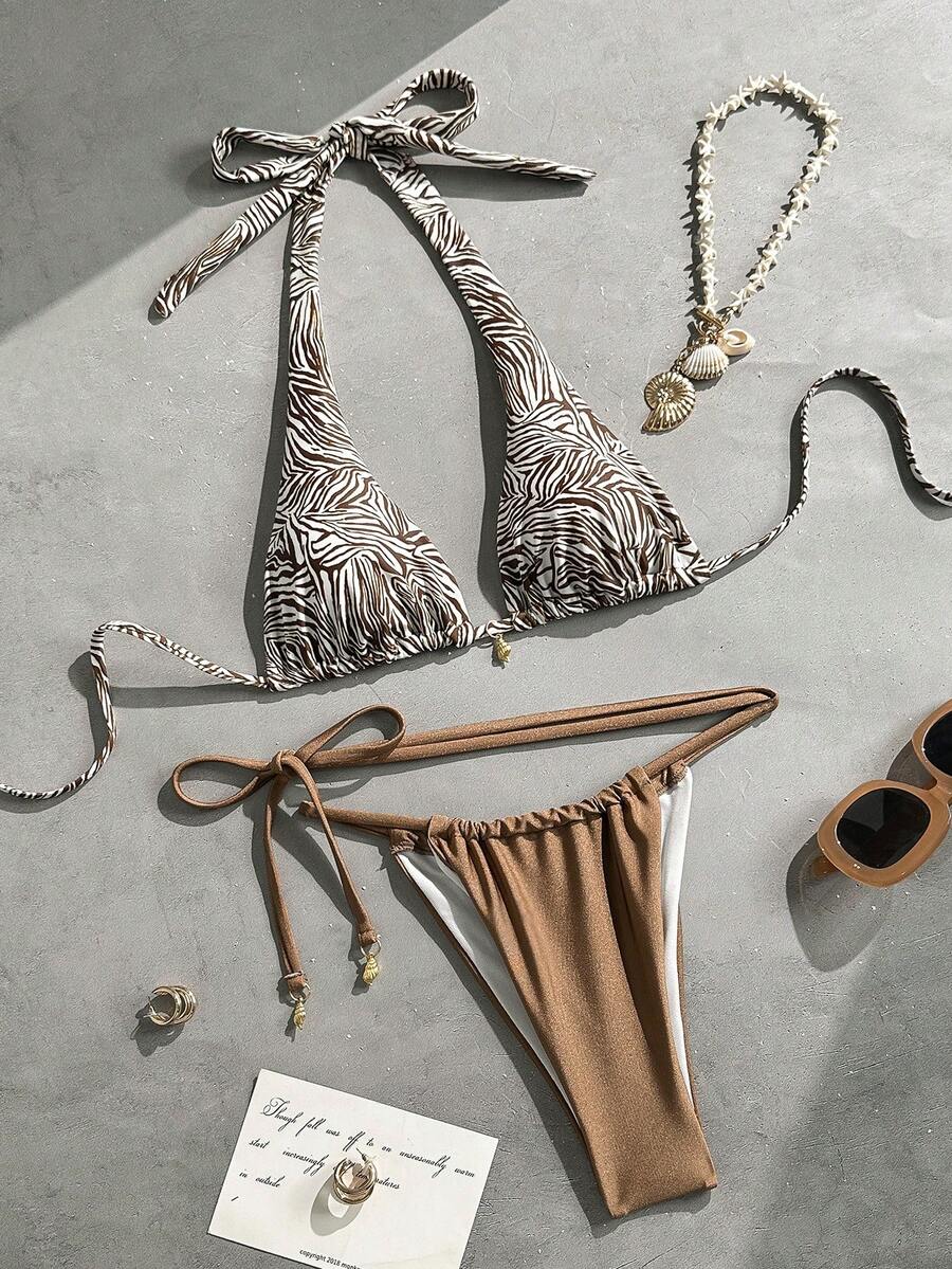 2026 Women's Beach Bikinis Summer Beach Outfit For Women Sexy Two Pieces Bikini Set Stylish Zebra Print Wide-Shoulder Halter Push-Up Top Sexy Drawstring Pure Brown Swim Trunks Beach Vacation Pool Party Sexy Outfit - Multicolor - View 1