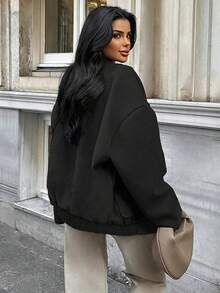 大码女式休闲外套，时尚简约修身宽松棒球领羊毛混纺内衬外套，适合日常穿着，秋冬季节及圣诞节穿着。 - 黑色 - 查看 4