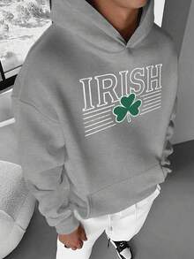 Grand sweat-shirt à capuche pour hommes avec un design en lettres audacieuses du trèfle irlandais - Noir - Voir 7