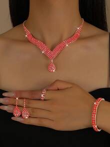 Bộ trang sức 5 món dành cho nữ gồm dây chuyền, bông tai, vòng tay và nhẫn, thích hợp cho cô dâu và mùa cưới, phụ kiện ngày Valentine. - Đỏ - Xem 5