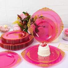 125PCS Plastic Plates - Elegant And Gold Dinnerware Set - Heavy Duty Disposable Plates With Gold Silverware Sets For 25 Guests For Wedding & Party & Bridal Shower - màu hồng tươi sáng - Xem 4