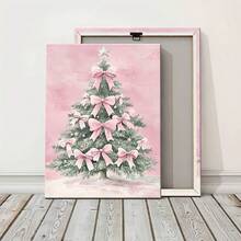 Un cuadro con marco de madera que representa un árbol de Navidad adornado con lazos rosas, adecuado como arte decorativo para la sala de estar, el dormitorio y