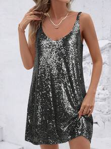 亮片V领无袖连衣裙，时尚派对装，欧美风，夏季 - 黑與白 - 查看 3