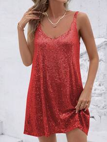 时尚无袖亮片V领百搭派对红色连衣裙，欧美风格，夏季新品 - 紅色 - 查看 4