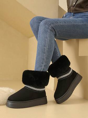 1 Pair Women's Solid Color Fluffy Mid-Calf Boots, Bohemian Faux Fur Snow Boots For Indoor/Outdoor, Casual Outdoor Thick Bottom Boots, Warm, Comfortable, Waterproof, Non-Slip, Slip-On, Autumn/Winter