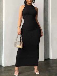 Vestido de fiesta liso, sin mangas, cuello alto, corte entallado, diseño plisado, largo maxi, adecuado para todas las ocasiones. - Negro - Ver 4