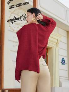 Áo len nữ dài tay màu trơn, kiểu dáng thường ngày, đa năng, nhuộm sợi, cổ chéo, phối cánh dơi, thiết kế thanh lịch và thời trang, thích hợp cho mùa xuân và Giáng sinh. - Đỏ - Xem 2