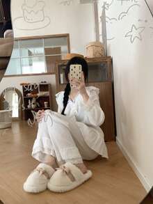 XIXITIAO 畅销女士蝴蝶结拖鞋，柔软厚底，毛茸茸的，少女感十足，适合居家、办公穿着，粉色，秋冬季舒适家居鞋 - 白色 - 查看 6