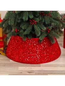 1 件圣诞树裙，3D 亮片树裙装饰，圣诞派对家居装饰，圣诞树底盖，闪亮厚实的金色、红色、银色裙子，带粘合剂，方便存放 - 白色 - 查看 9