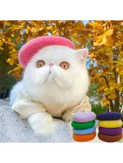 Adjustable Solid Color Wool Beret Hat For Pets, Warm Pet Headwear For Cats And Dogs, Autumn/Winter