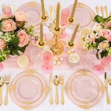 125PCS Plastic Plates - Elegant And Gold Dinnerware Set - Heavy Duty Disposable Plates With Gold Silverware Sets For 25 Guests For Wedding & Party & Bridal Shower - Pink - View 5