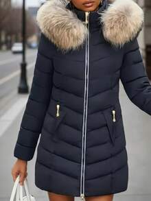 2025新款冬季女士羽绒服，中长款修身加厚冬装外套，带毛领，高端女士派克大衣 - 黑色 - 查看 4