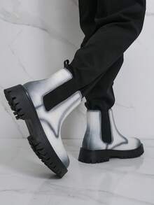 男士高帮皮革牛仔靴，时尚休闲厚底踝靴，百搭街头风格 - 白色 - 查看 4