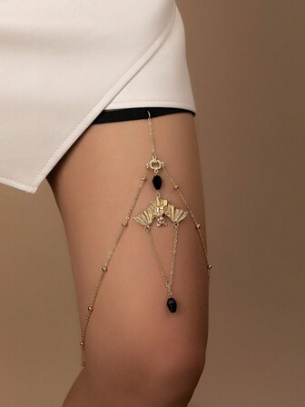 1pc Fashionable Minimalist Elastic Bat Pendant Black Crystal Sexy Long Thigh Chain, Stylish & Personalized Body Chain