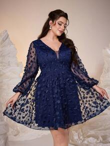 Mgiacy-流行、新品、V领、优雅、大码鸡尾酒会礼服、腰带、灯笼袖、撞色蕾丝、迷你裙、适合、度假、休闲、派对礼服、婚礼宾客礼服、晚礼服 - 藍色 - 查看 5