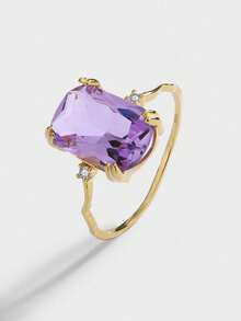 1pc 925 Sterling Silver 14K Gold Plated Amethyst Crystal Wavy Square Design Ring, Dreamy Lavender Matching, Best Gift For Lover