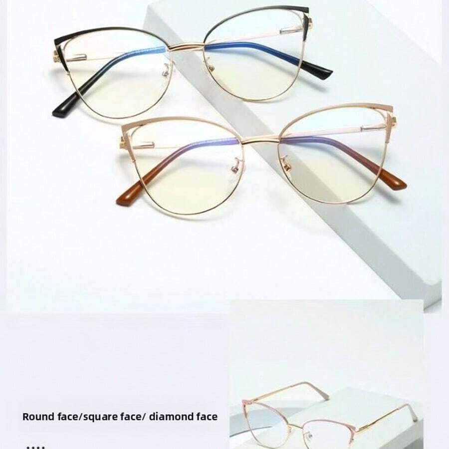 1/2 副女士复古猫眼金属框架时尚蓝光眼镜适合日常阅读和通勤 - 紫金框變色片 - 查看 1