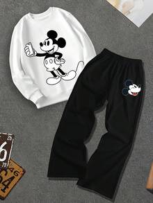 Disney 男士街头风米奇印花连帽衫和喇叭裤两件套，男友/老公礼物，周年纪念礼物，卫衣 - 黑與白 - 查看 3