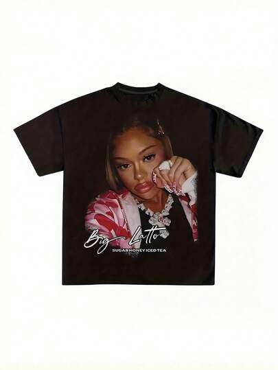 [Big Latto Graphic Tee] 1pc Women's Big Latto Graphic Print T-Shirt |   Black Streetwear Tee With Portrait & Bold Lettering, Casual Short Sleeve Top, Machine Washable Urban Fashion Gift, Stylish,  Apparel, Durable Fabric