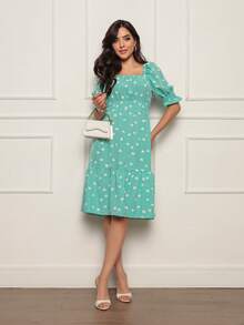 Women's Dress | Crepe With Elastec L Polka Dot L Flower I Shoulder To Shoulder. - Xanh nhạt - Xem 3
