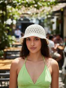 Handmade Crochet Beach Hat Cotton Summer Bucket Hat Headpiece - 原油 - 查看 2