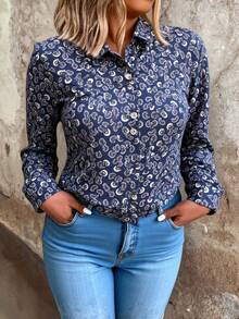 Camisa floreada manga larga contraste azul ideal para uso diario - Azul Marino - Ver 1