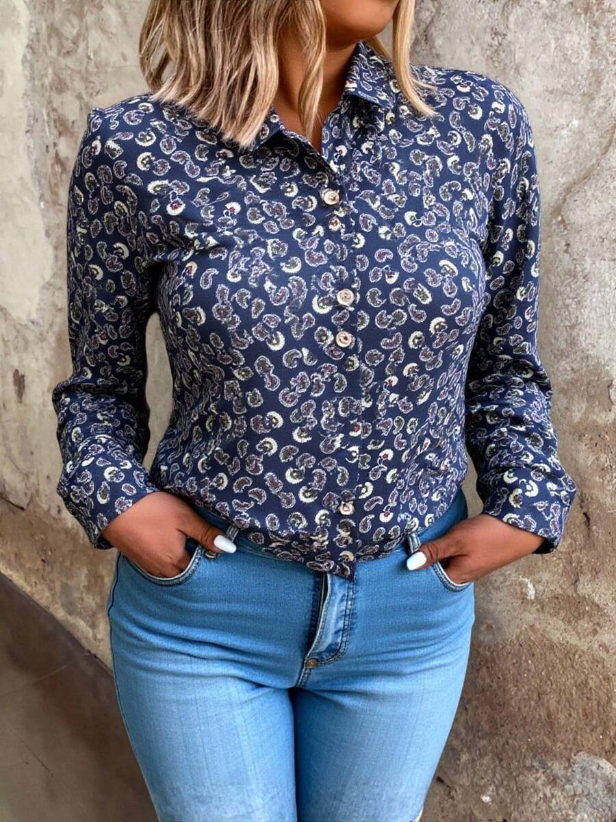 Camisa floreada manga larga contraste azul ideal para uso diario - Azul Marino - Ver 1