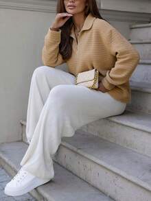 Women's Solid Color Textured Collar Zip Hem Drawstring Sweatshirt, Suitable For Daily Outings, Casual Home, Commuting, Holidays, Parties, Street Photography