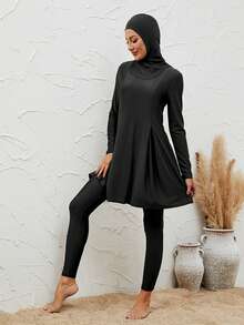 VFJ Burkini Muslim Women's Swimsuit Plain Islamic Coffee Color Swimsuit Long Sleeved Full Set 3PCS Beachwear With Hat