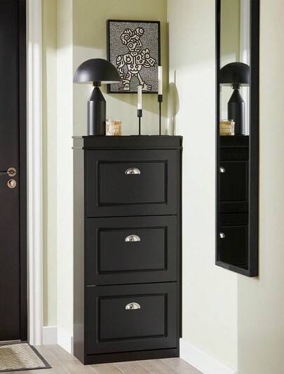 SoBuy Schuhkipper Schuhschrank Mit 3 Klappen Schuhregal Mit Ablageflächen Schuhkommode Diele Schuhablage Für Flur Blau BHT Ca. 53x118x24cm FSR94