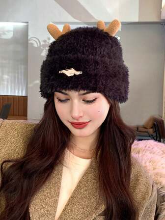 1pc Women's Cute Ear Knitted Knitted Christmas Hat, Warm Thick Winter Cap, Unisex Windproof Beanie Suitable For Skiing, Travel, Daily Use