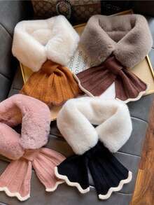 1件装女士秋冬复古荷叶边加厚仿毛皮围脖，多功能交叉针织兔毛围巾，可搭配连衣裙 - 彩色 - 查看 10