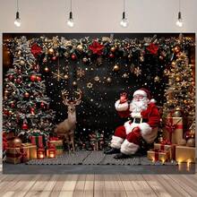 خلفية ديكور عيد الميلاد بموضوع بابا نويل، تتميز بمشهد رنة بهيج وبابا نويل، صناديق هدايا وشجرة عيد الميلاد. ديكور عطلة عالمي، لا يتطلب كهرباء - مثالي لغرف المعيشة والديكور الخارجي وأستوديوهات التصوير. متوفر بأحجام متعددة. - متعدد الألوان - مشاهدة 1